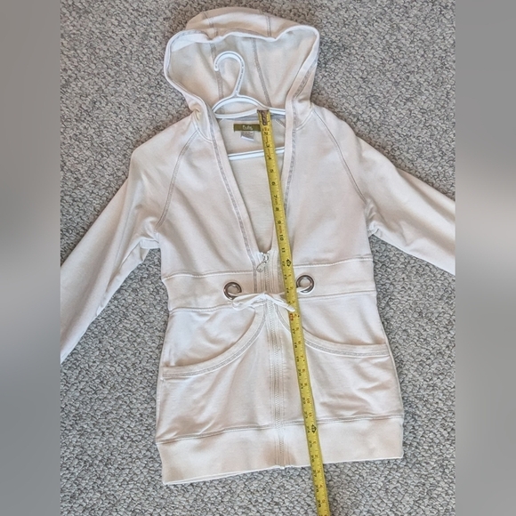 Women's (Size M) Long Off-White Zip-Up Hoodie/Jacket With Grey Trim & Drawstring - Picture 12 of 16
